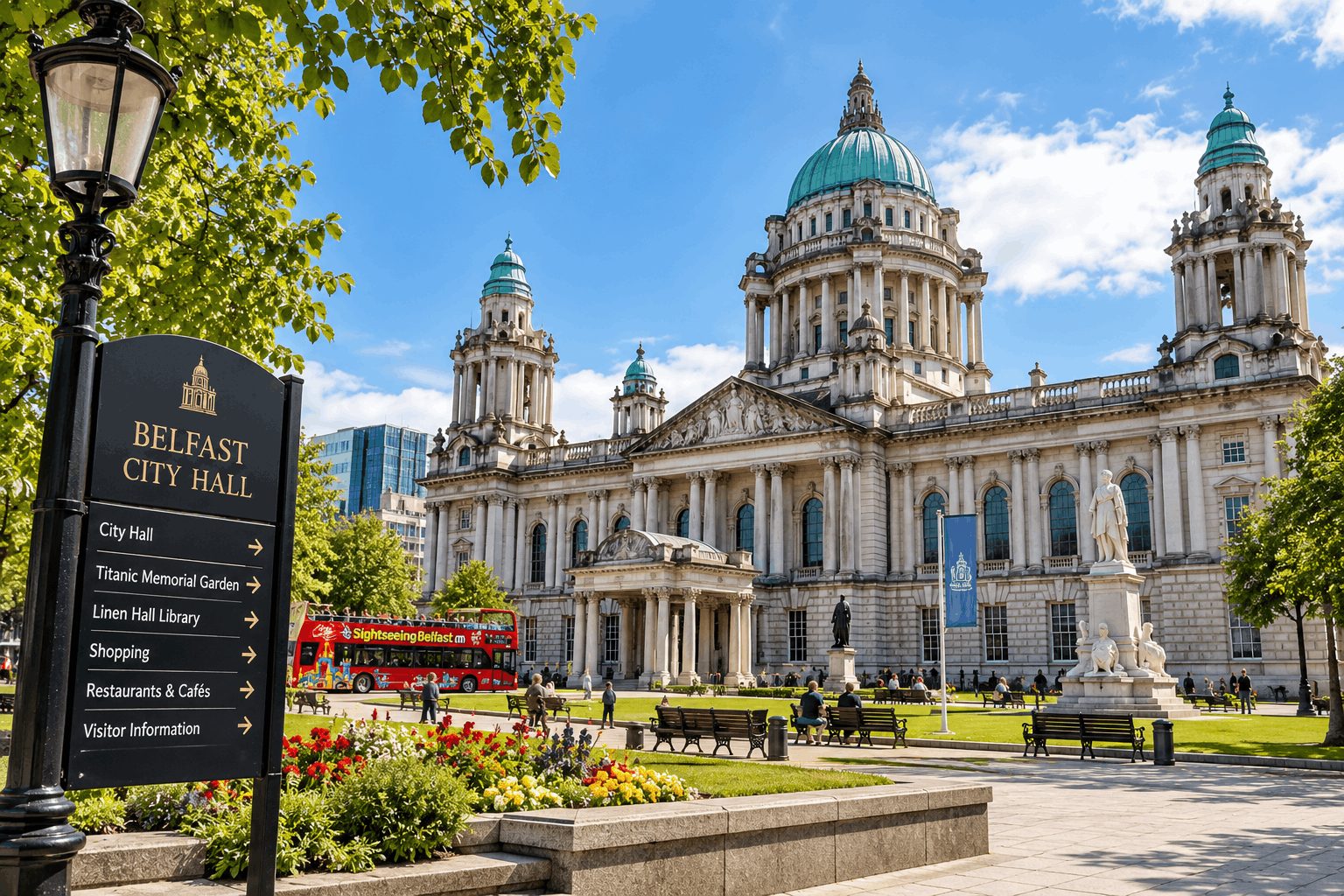 Belfast City Hall guide showing Donegall Square, sightseeing bus stops and nearby city centre attractions