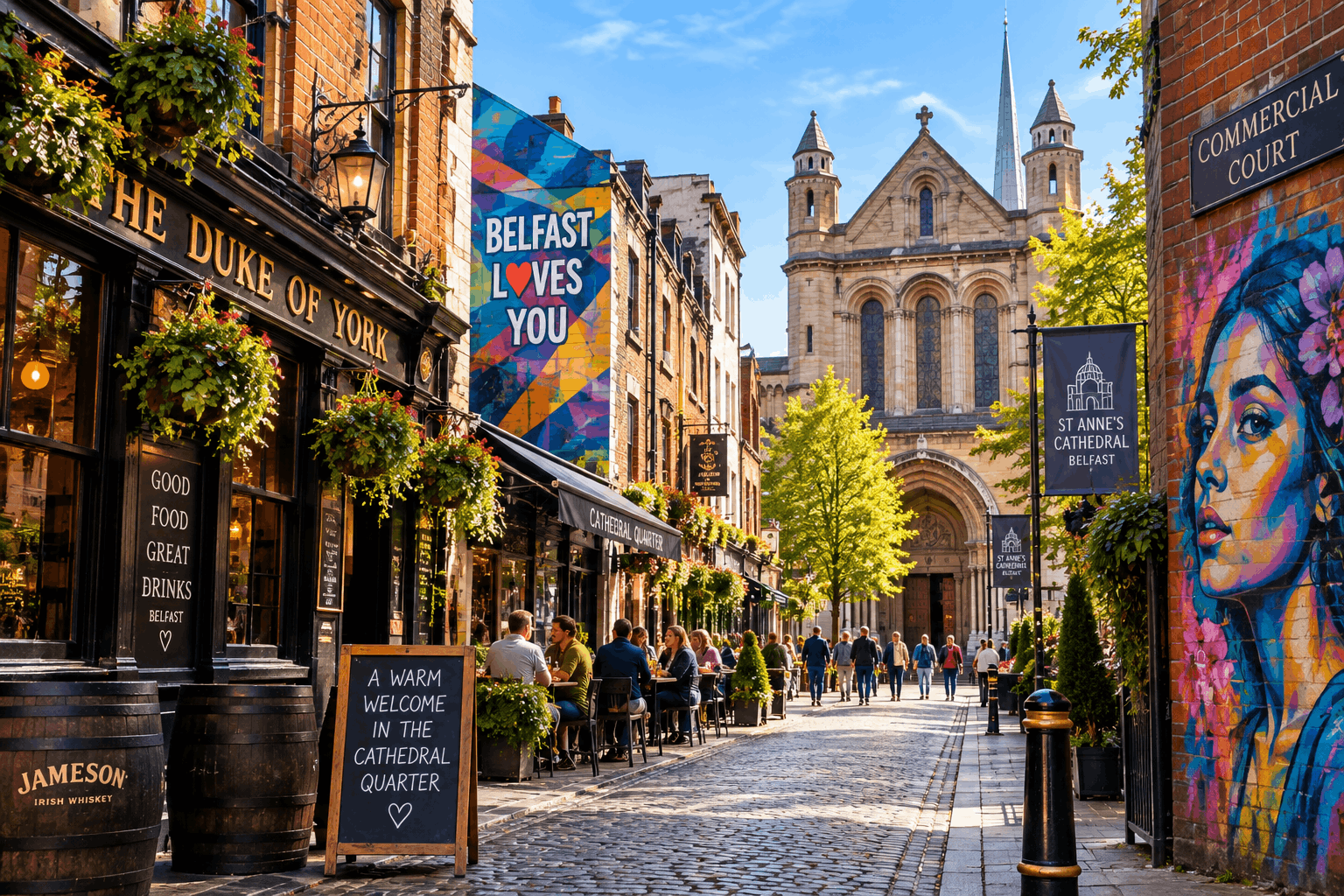 Cathedral Quarter Belfast guide showing St Anne’s Cathedral, cobbled streets, street art and Belfast sightseeing