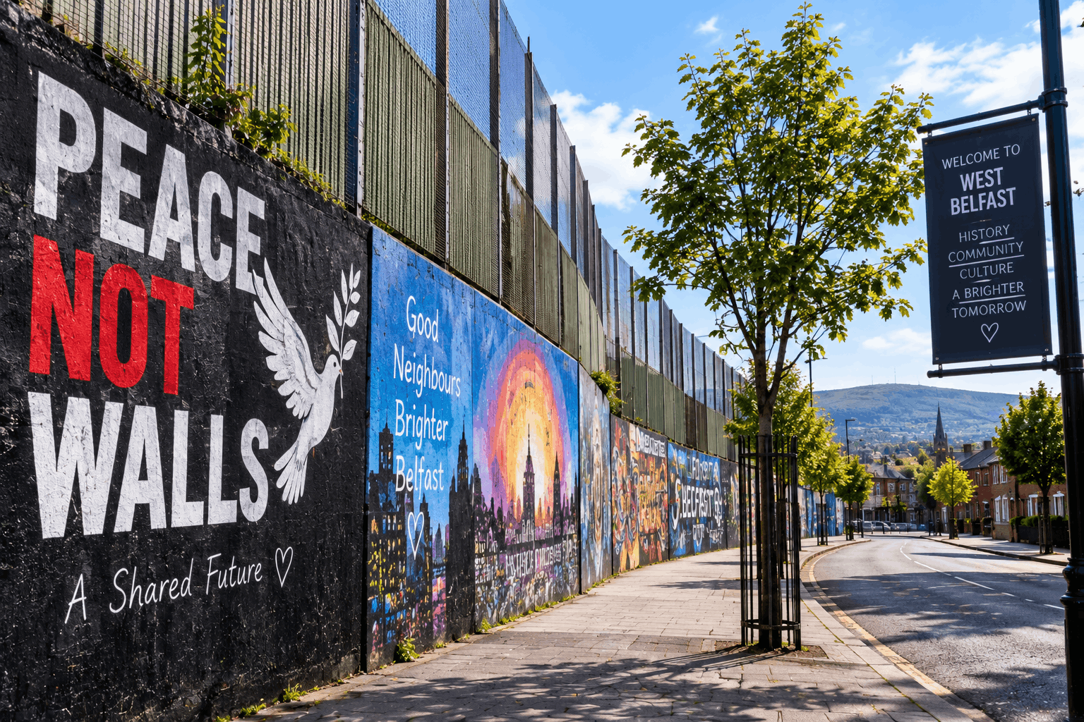 Peace Wall Belfast guide showing Cupar Way, murals and the west Belfast sightseeing route